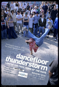 E-flyer for the book launch party for "DANCEFLOOR THUNDERSTORM"